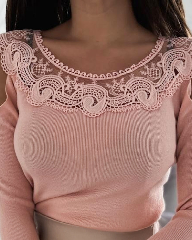 Cold Shoulder Long Sleeve Lace Patchwork Slim Fit Knit Top