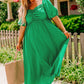 Bright Green Ruched Front Puff Sleeve Plus Size Long Dress