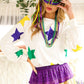 White Mardi Gras Star Printed Long Sleeve Top