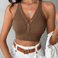 Seamless Buttoned V Neck Sleeveless Rib Knit Crop Top