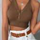 Seamless Buttoned V Neck Sleeveless Rib Knit Crop Top