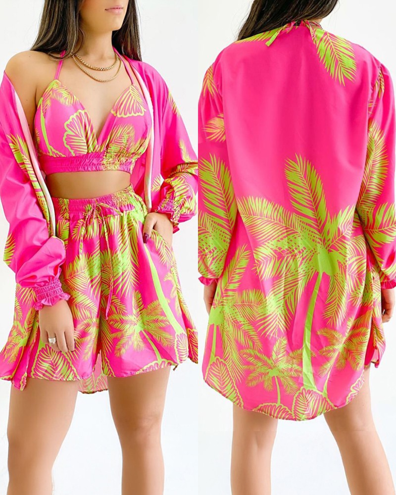 Tropical Print Cold Shoulder Spaghetti Strap Shirt and Shorts Set with Tank