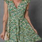 Green Flower Print Flutter Sleeve V Neck Sashed Ruffled Mini Dress