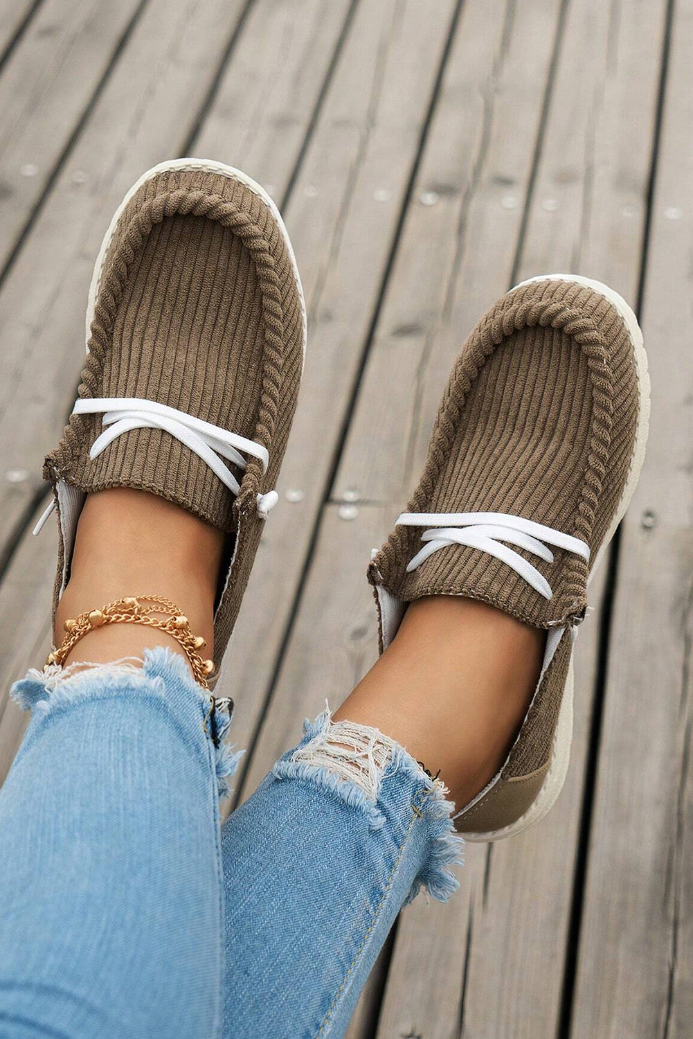 Coffee Solid Ribbed Criss Cross Slip On Casual Shoes