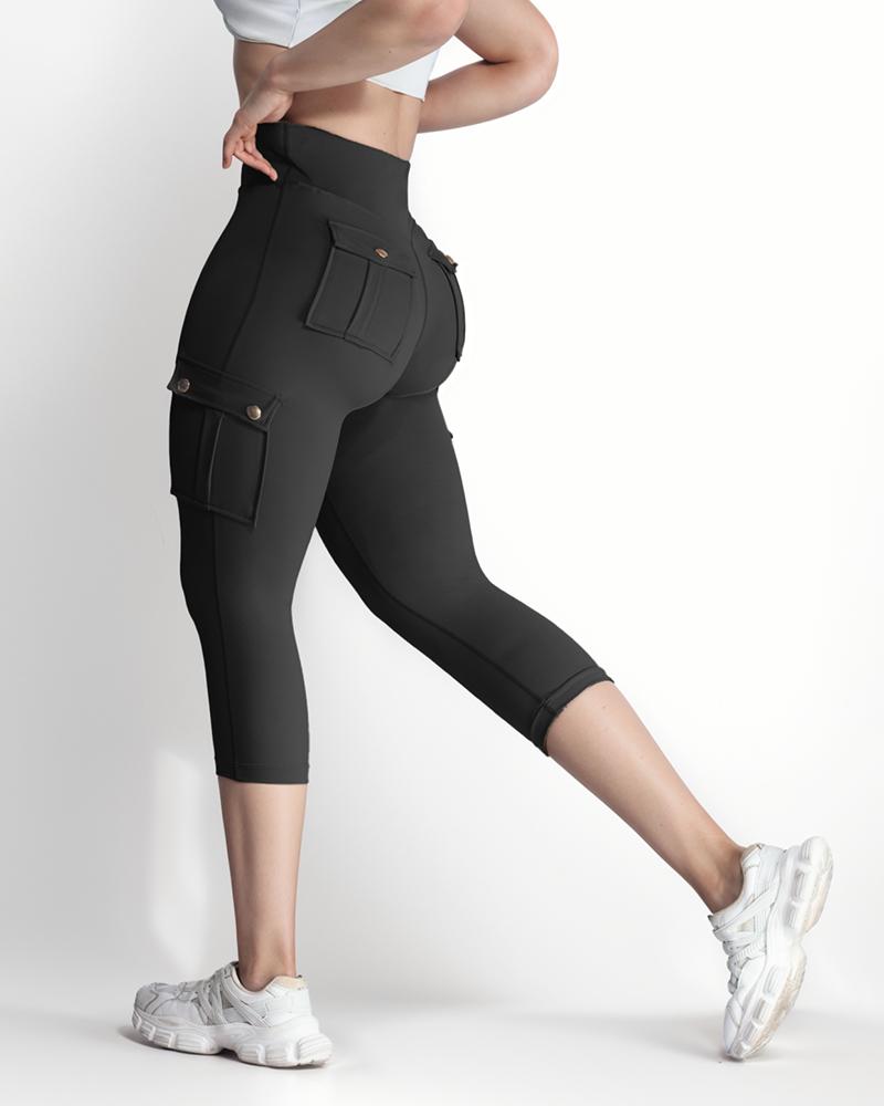 Butt Lifting Biker Capris Leggings High Waist Flap Pocket Workout Capris Gym Pants
