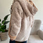 Colorblock Open Front Pocket Design Hooded Reversible Fleece Teddy Coat