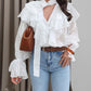 Asymmetrical Ruffles V Neck Tied Detail Blouse Casual Long Sleeve Loose Fit Top