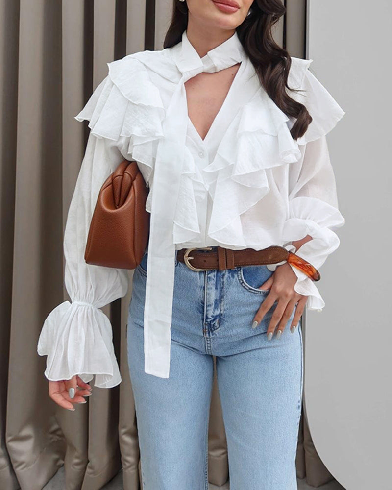 Asymmetrical Ruffles V Neck Tied Detail Blouse Casual Long Sleeve Loose Fit Top