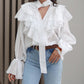 Asymmetrical Ruffles V Neck Tied Detail Blouse Casual Long Sleeve Loose Fit Top