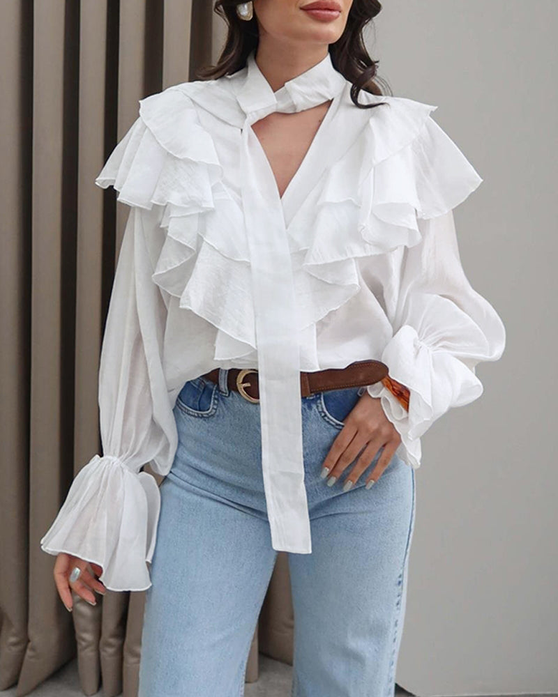 Asymmetrical Ruffles V Neck Tied Detail Blouse Casual Long Sleeve Loose Fit Top