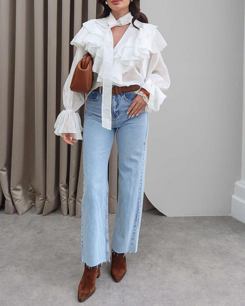 Asymmetrical Ruffles V Neck Tied Detail Blouse Casual Long Sleeve Loose Fit Top
