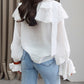 Asymmetrical Ruffles V Neck Tied Detail Blouse Casual Long Sleeve Loose Fit Top