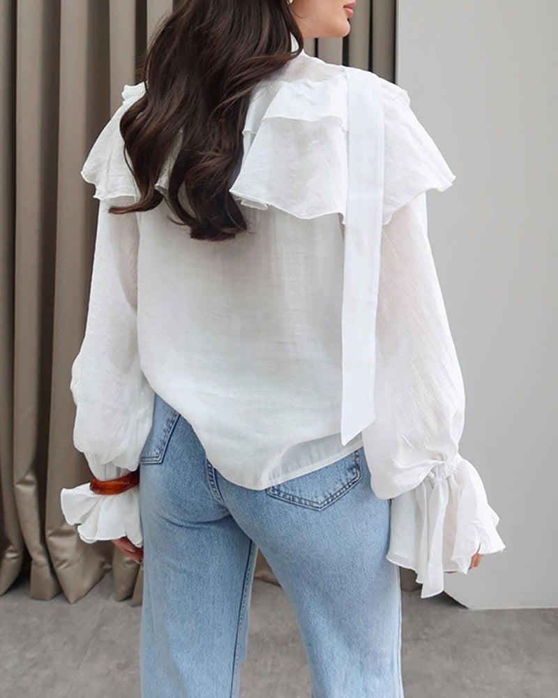 Asymmetrical Ruffles V Neck Tied Detail Blouse Casual Long Sleeve Loose Fit Top