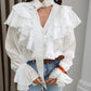 Asymmetrical Ruffles V Neck Tied Detail Blouse Casual Long Sleeve Loose Fit Top