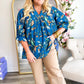 Blue Floral Notched V Neck Half Sleeve Plus Size Blouse