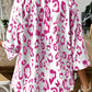 Rose Leopard Print Ruched V Neck 3/4 Sleeve Blouse
