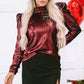 Burgundy Sequin Mock Neck Bubble Sleeve Top