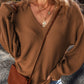 Camel Ribbed Knit Drop Sleeve V Neck Loose Fit Sweater