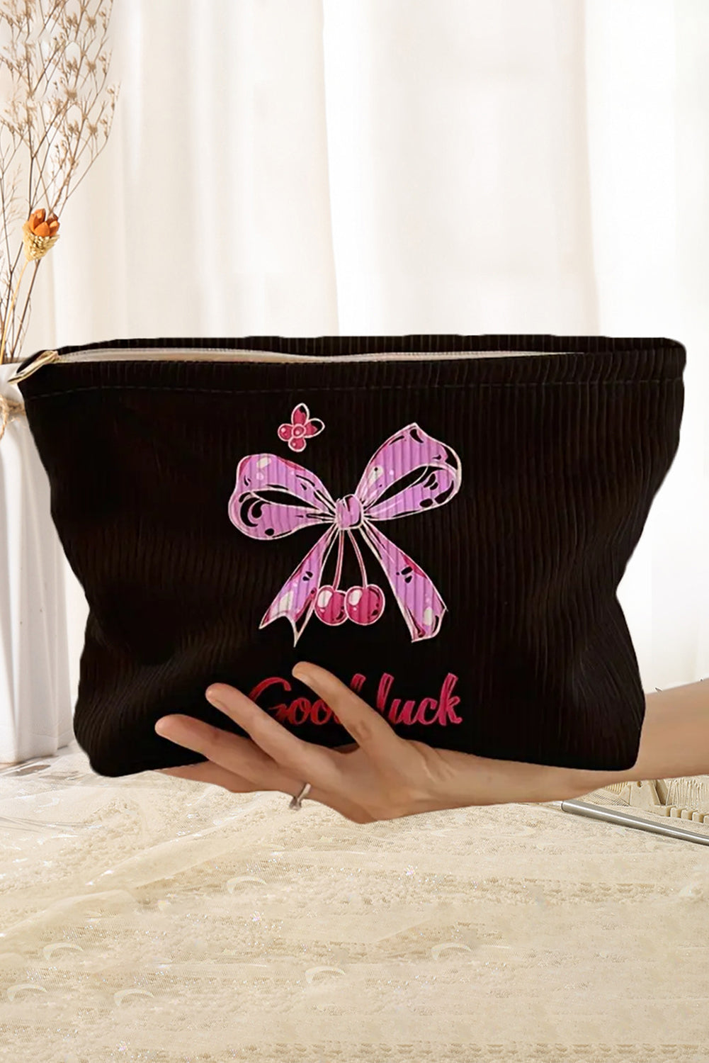 Rose Red Bow Knot Print Zipper Corduroy Large Cosmetic Bag