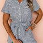Blue Stripe Chest Pockets Buttoned Belted High Waist Romper