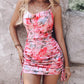 Floral Print Cowl Neck Drawstring Ruched Dress