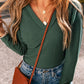 Blackish Green Ribbed Knit Slim Fit Wrap V Neck Bodysuit
