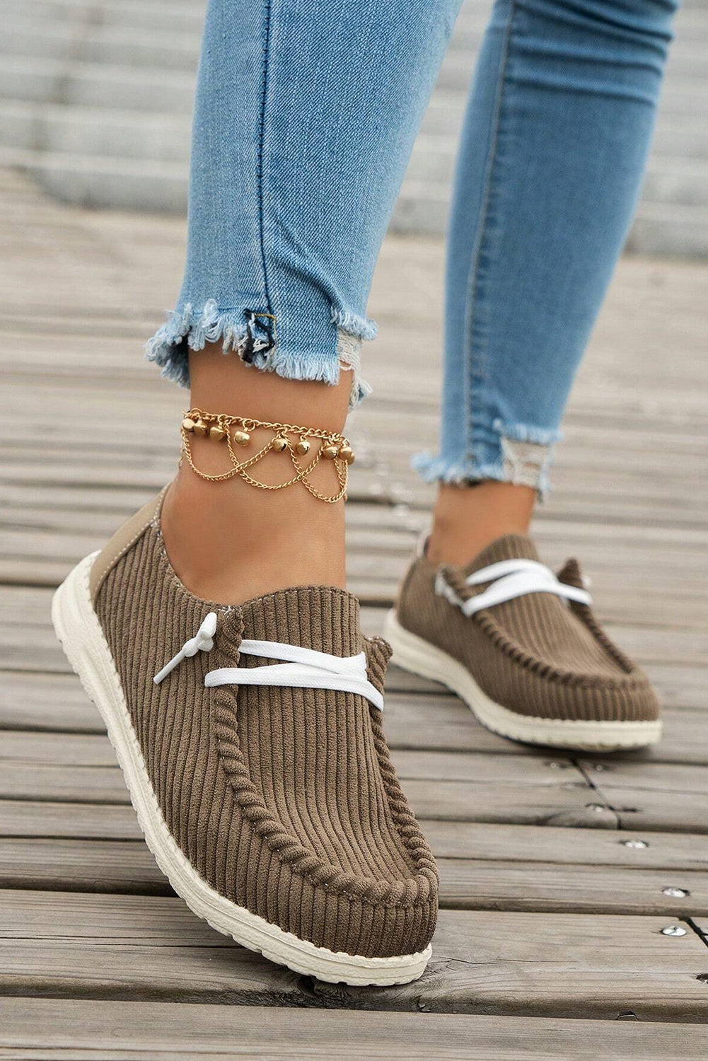Coffee Solid Ribbed Criss Cross Slip On Casual Shoes