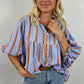 Sky Blue Stripe Crinckled Ruffled Sleeve Button up Loose Shirt