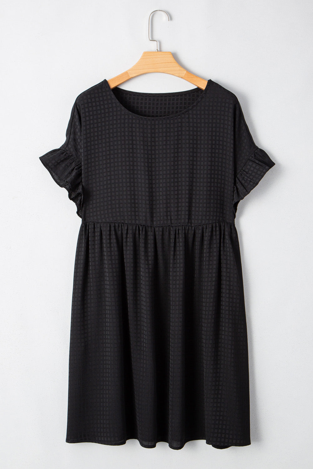 Black Textured Ruffled Sleeve Babydoll Plus Dress