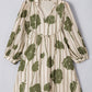 Guacamole Green Floral Striped Print Contrast Piping Puff Sleeve Dress