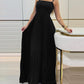 Square Neck Spaghetti Strap Pleated Maxi Dress Back Tied Detail Casual Flowy Long Dress