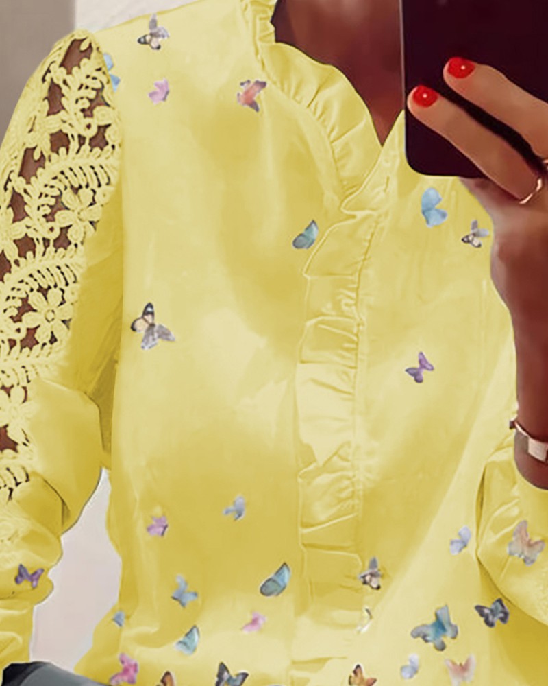 Lace Butterfly Print V Neck Long Sleeve Patchwork Casual Blouse