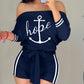 Letter Anchor Print Batwing Sleeve Off Shoulder Romper