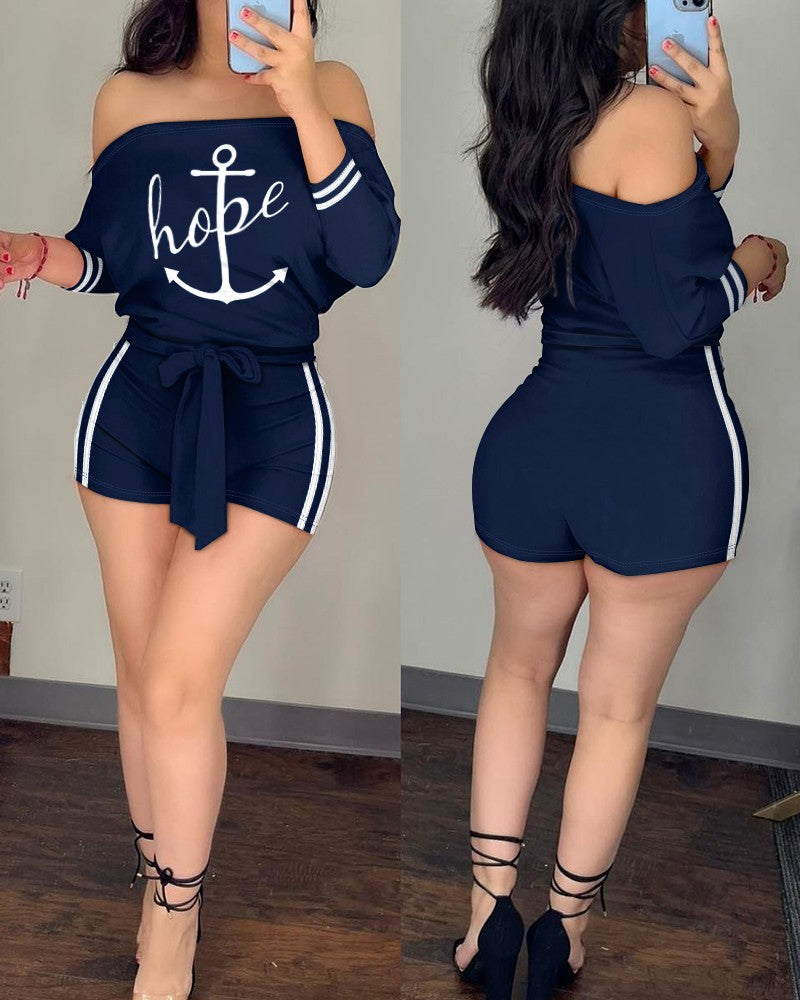 Baroque Print Striped Batwing Sleeve Off Shoulder Tied Detail Romper