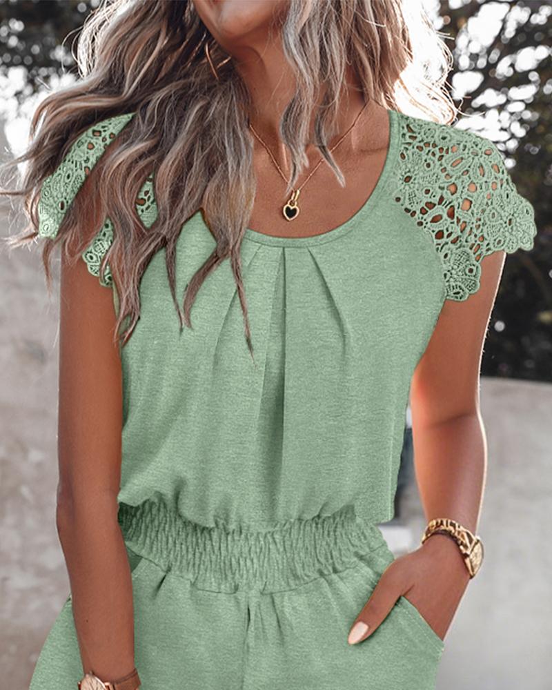 2 Pieces Outfit Round Neck Lace Short Sleeve Ruched Top and Casual Srechy Waist Shorts Set with Pockets