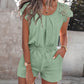 2 Pieces Outfit Round Neck Lace Short Sleeve Ruched Top and Casual Srechy Waist Shorts Set with Pockets