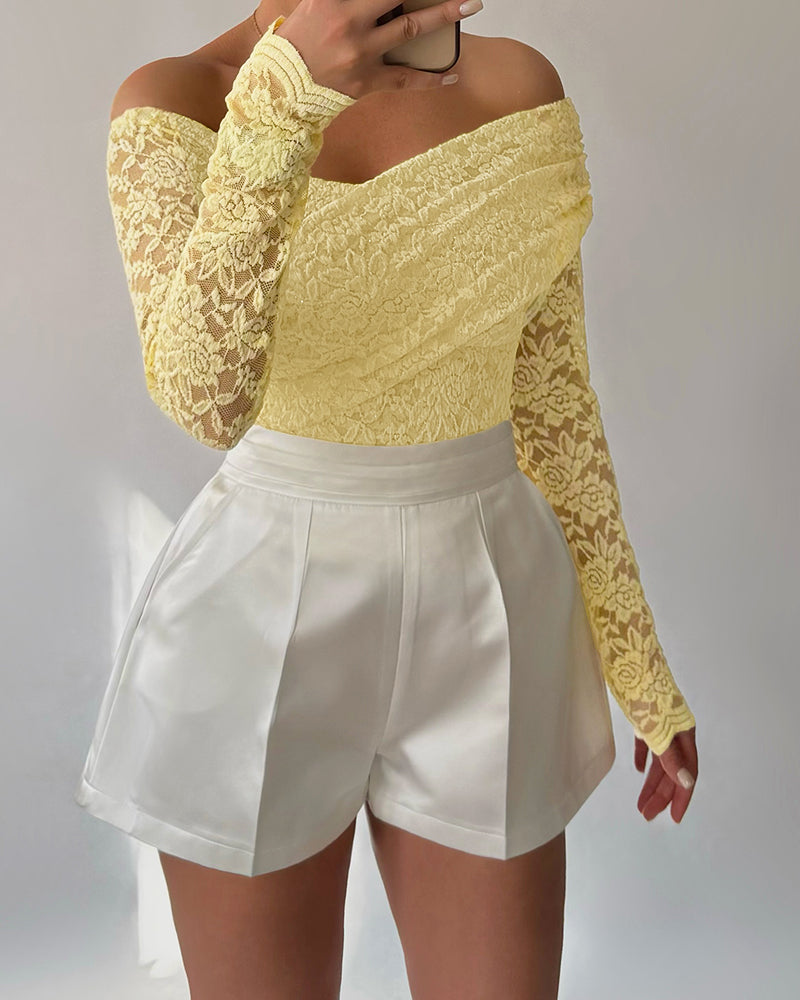 Lace Criss Cross Wrap Ruched Long Sleeve Bodysuit Casual Slim Fit Off Shoulder Shirt