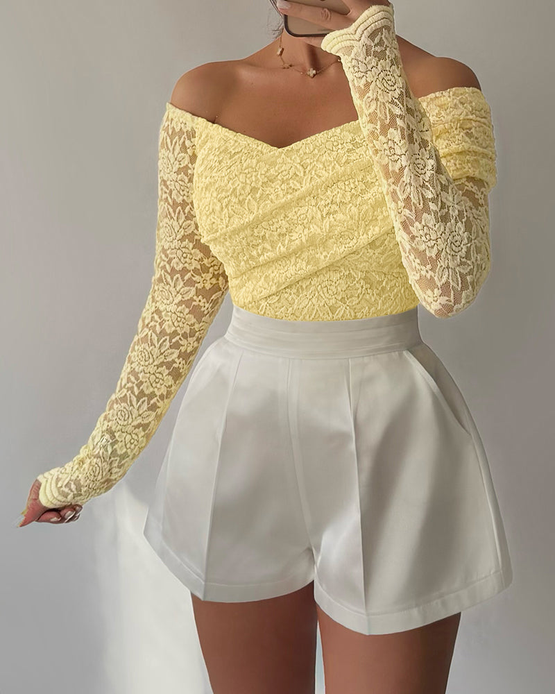 Lace Criss Cross Wrap Ruched Long Sleeve Bodysuit Casual Slim Fit Off Shoulder Shirt