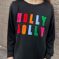Black Chenille Holly Jolly Graphic Long Sleeve Top