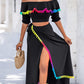 2 Piece Colorblock Off the Shoulder Dip Hem Tassel Front Slit Dress Wrap skirt Elegant Skirt Set