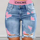 Colorblock Letter Print Ripped 2 In 1 Denim Shorts