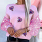 Heart Pattern Contrast Sequin O Neck Long Sleeve Sweet Pullover Top