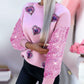 Heart Pattern Contrast Sequin O Neck Long Sleeve Sweet Pullover Top