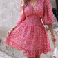 Pink Ditsy Floral Print Lantern Sleeve Ruffles Shirred Dress