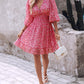 Pink Ditsy Floral Print Lantern Sleeve Ruffles Shirred Dress