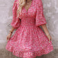Pink Ditsy Floral Print Lantern Sleeve Ruffles Shirred Dress