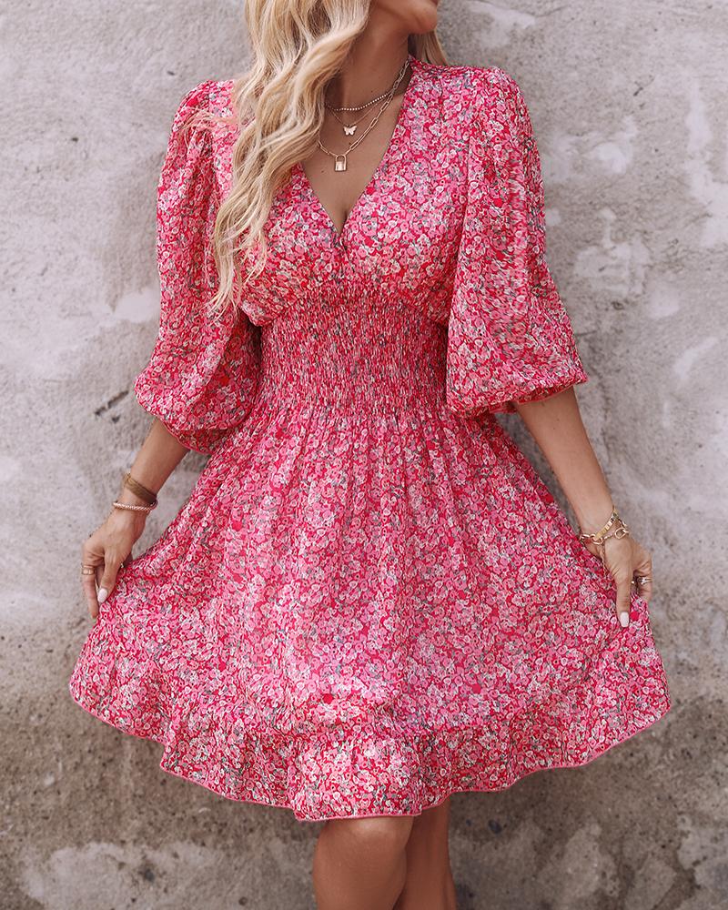 Pink Ditsy Floral Print Lantern Sleeve Ruffles Shirred Dress