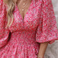 Pink Ditsy Floral Print Lantern Sleeve Ruffles Shirred Dress