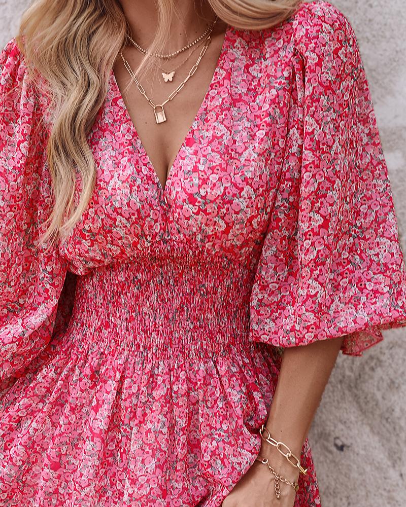 Pink Ditsy Floral Print Lantern Sleeve Ruffles Shirred Dress