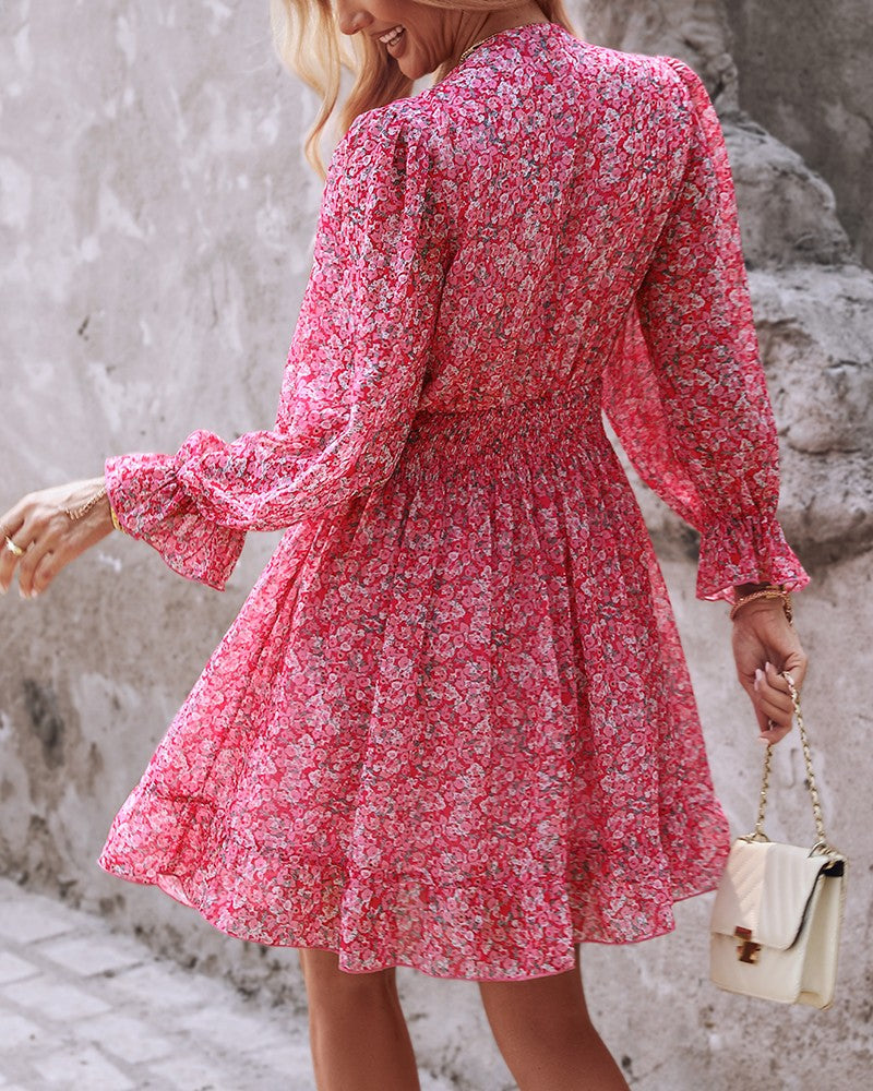 Pink Ditsy Floral Print Lantern Sleeve Ruffles Shirred Dress